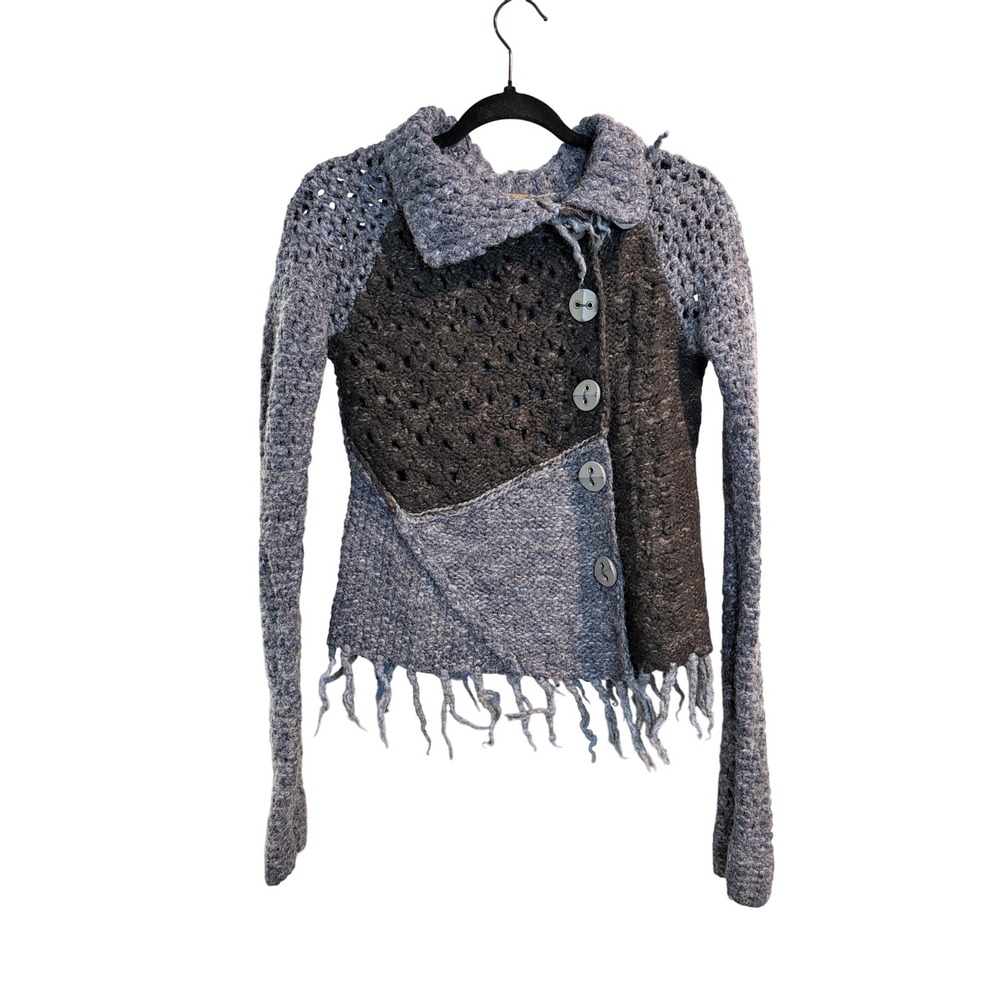 Free People Blue Gray Asymmetrical Fringe Wool Blend Knit Cardigan Sweater S